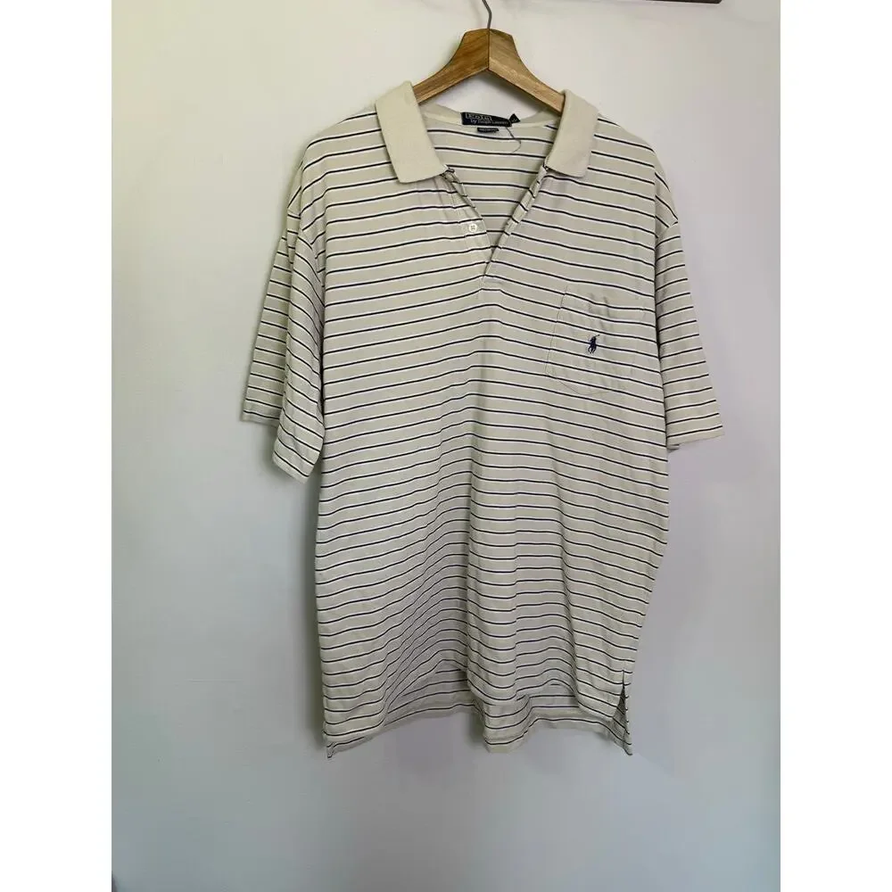 Polo Ralph Lauren Polo Shirt Mens Size XL Tan Striped Short Sleeve Slit Collared